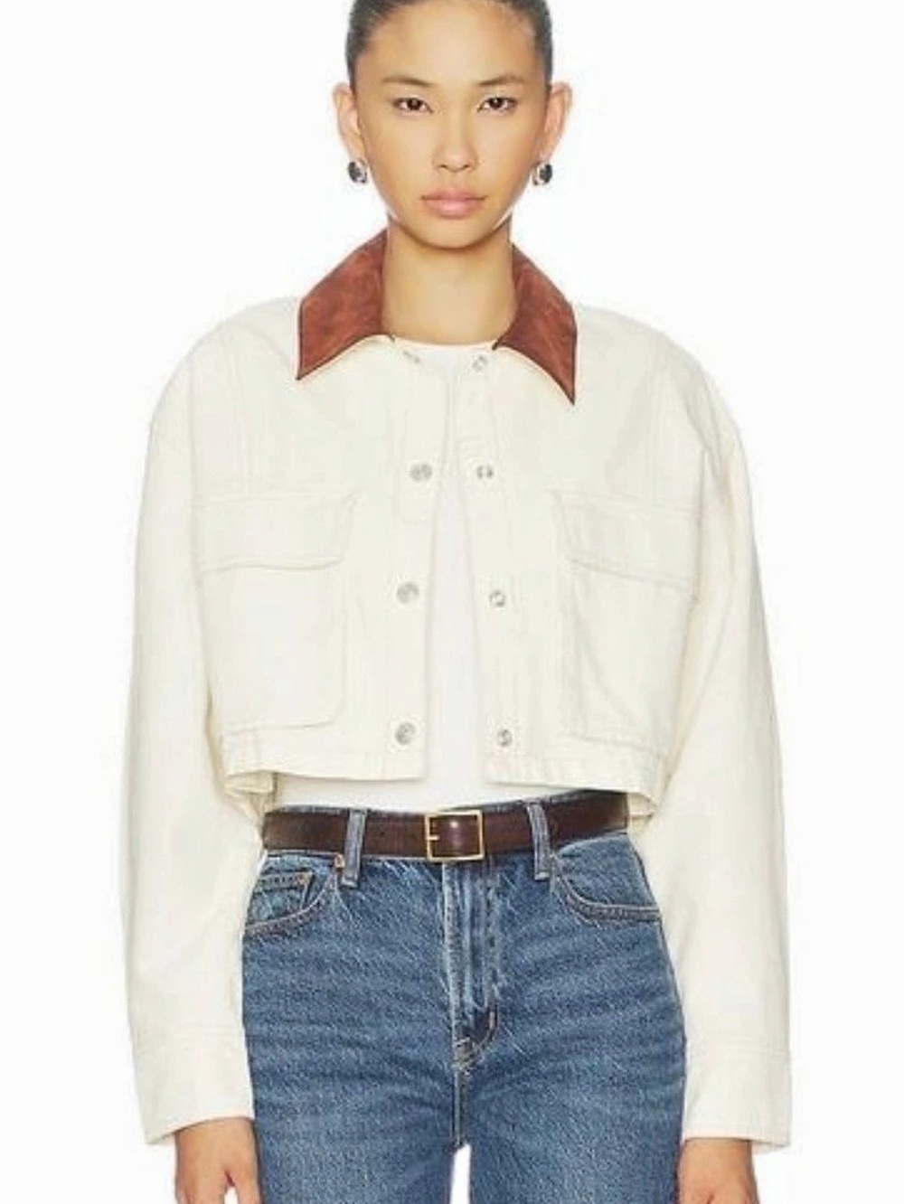 We The Free Cropped Barn Jacket in Cream & Brown Size Medium